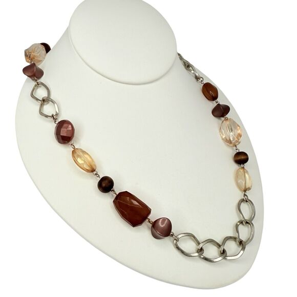VTG Brown & Gold Tone Icy Glass Beaded Station Necklace 30" Silver Tone Boho - Picture 3 of 9